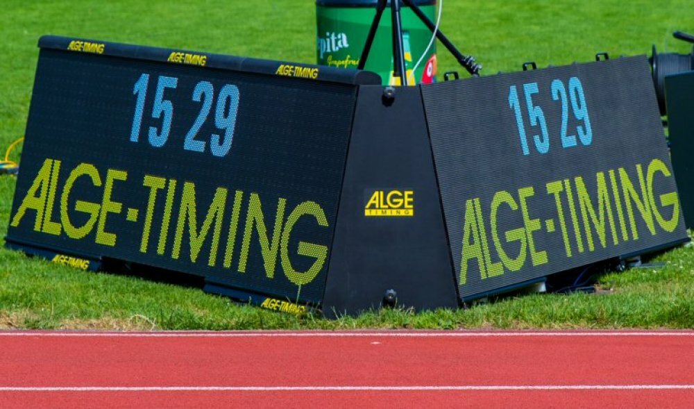 Two ALGE-TIMING video walls connected with a corner piece