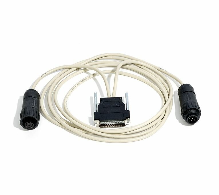 Weißes Verbindungskabel mit RS232-Stecker und Amphenol-Stecker