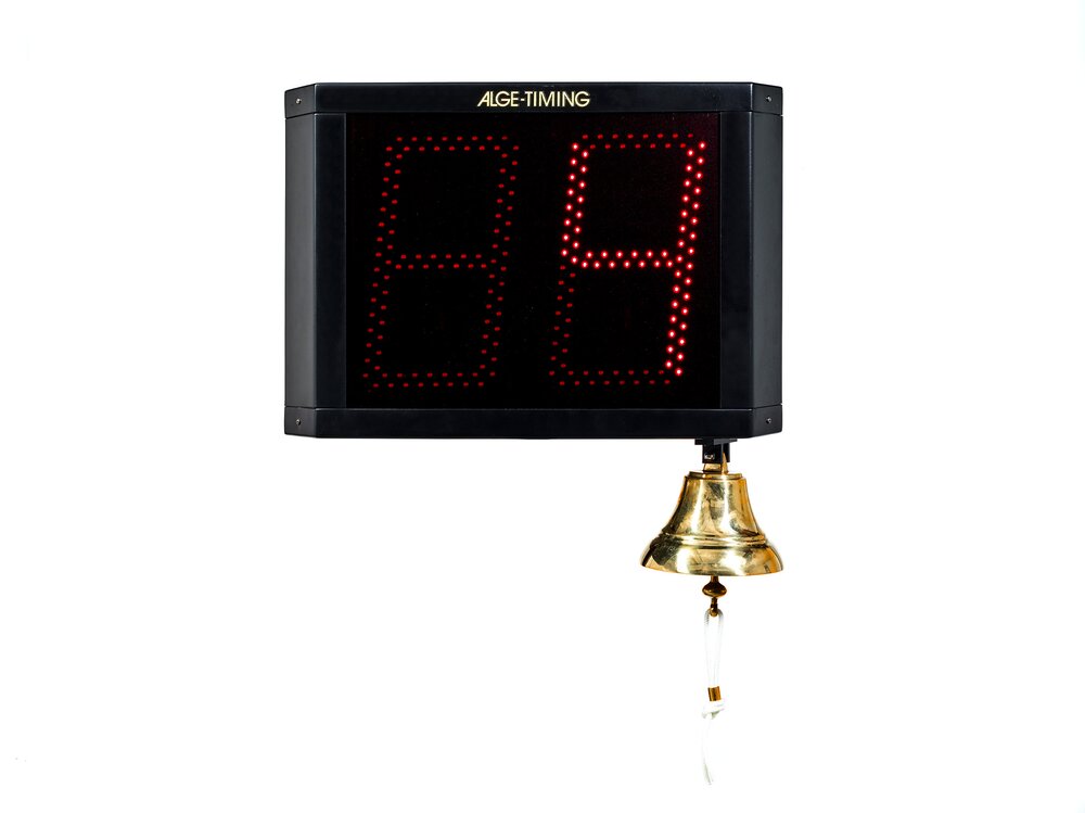 Vorderseite einer dreiseitigen LED-Anzeigetafel mit 2 Digits, schwarzem Gehäuse und unterseitig montierter Glocke