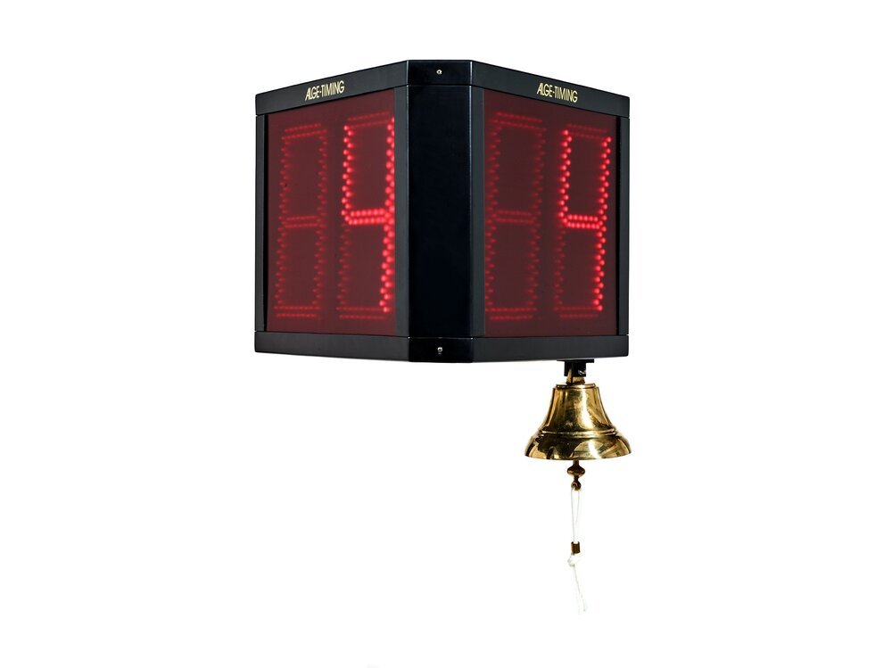 Seitenansicht einer dreiseitigen LED-Anzeigetafel mit 2 Digits, schwarzem Gehäuse und unterseitig montierter Glocke