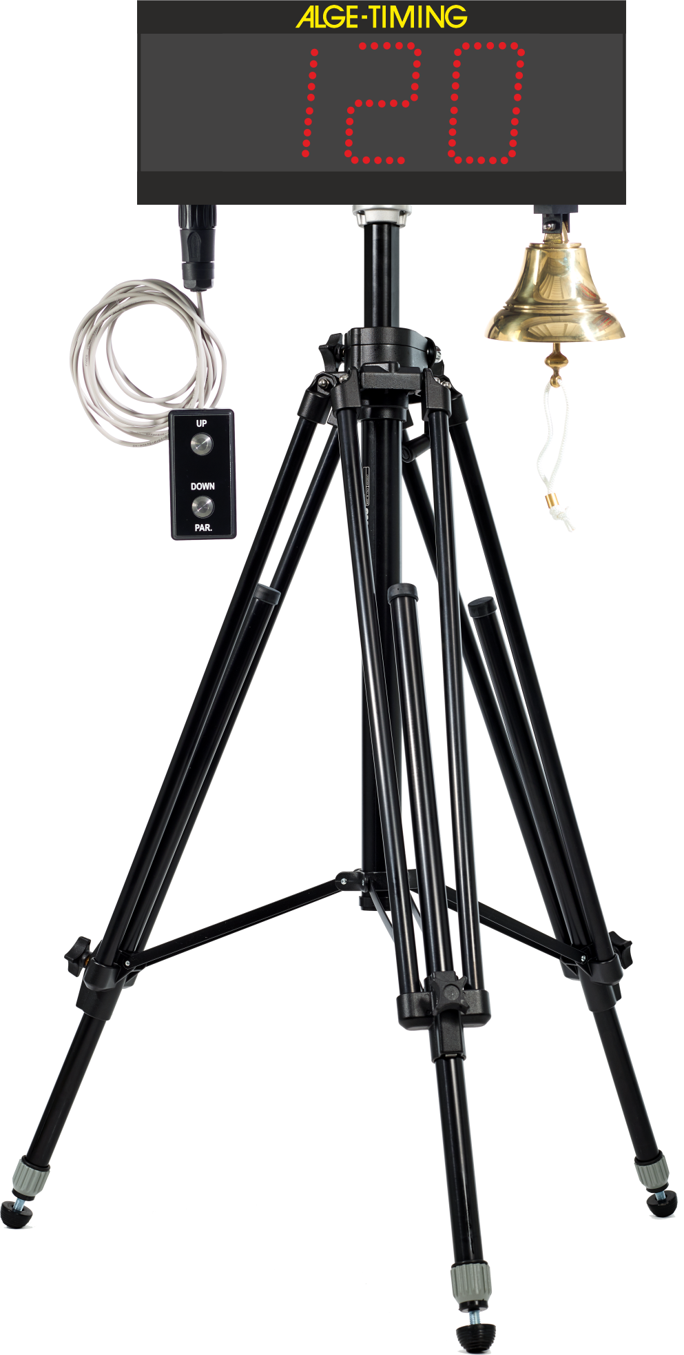 3-stellige LED-Anzeigetafel mit bodenseitig montierter Glocke und angeschlossener Fernbedienung für hoch/runter auf einem schwarzen ALGE-TIMING Stativ