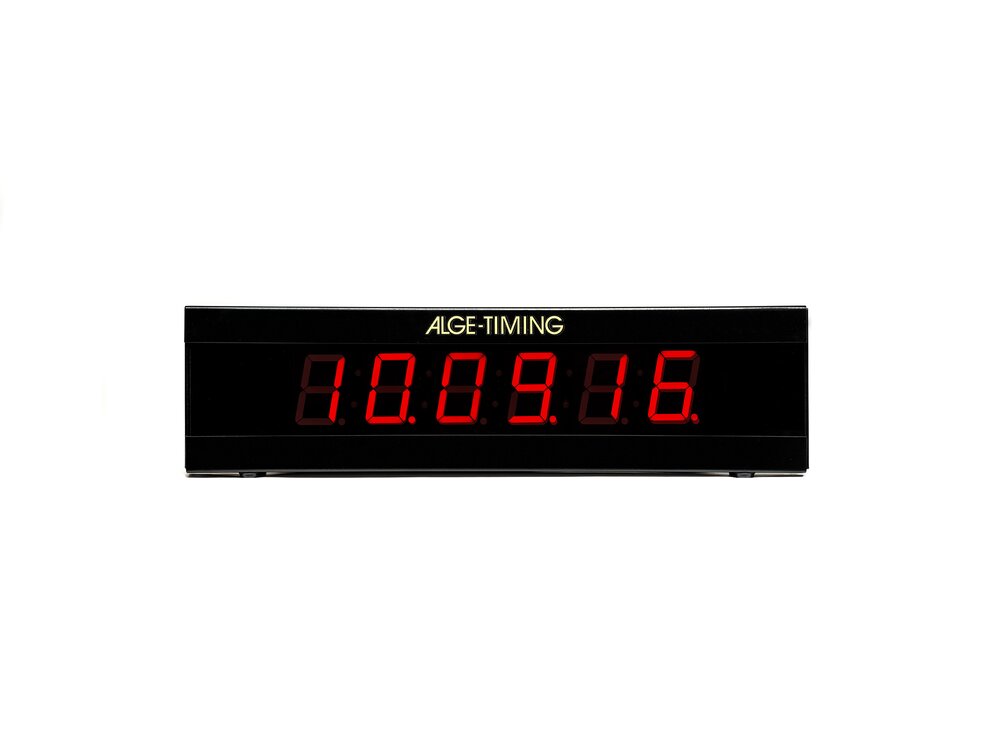 6-stellige LED-Anzeigetafel mit roter numerischer Darstellung und gelbem ALGE-TIMING Logo