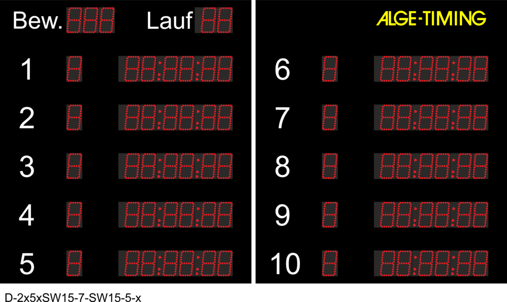 7-digit LED display board for swimming with event and heat display as well as lane display and rank print for 10 lanes