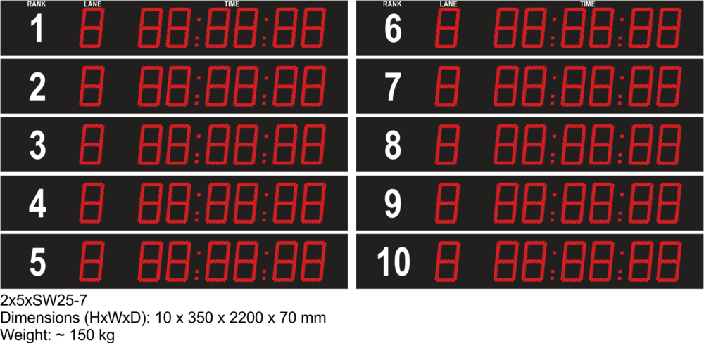 7-digit LED display board for swimming with rank print and lane display for 10 lanes