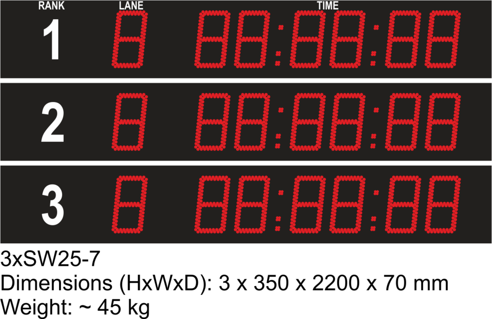 7-digit LED display board for swimming with rank print and lane display for 3 lanes