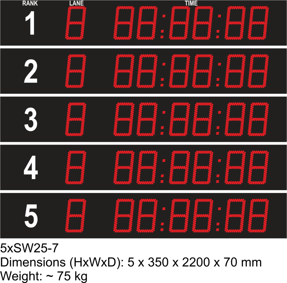 7-digit LED display board for swimming with rank print and lane display for 5 lanes