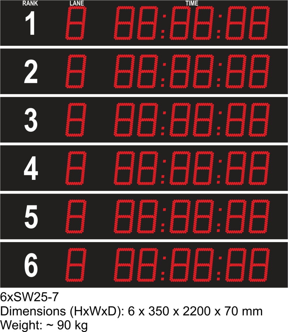 7-digit LED display board for swimming with rank print and lane display for 6 lanes