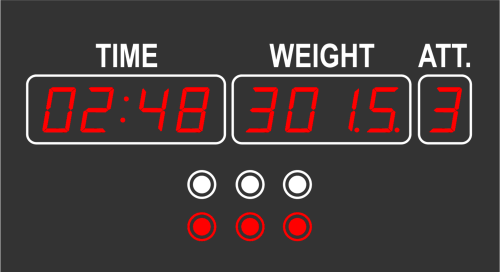 LED display board for weightlifting with time, weight, attempt and 6 indicator lights