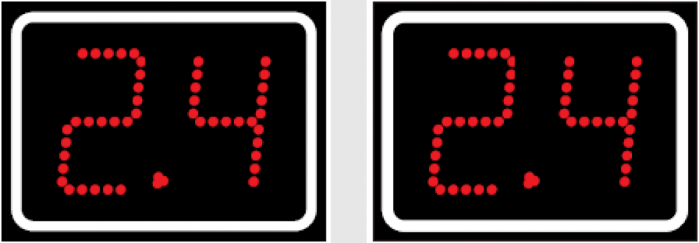 Grafik einer 2-stelligen LED-Anzeigetafel für Basketball Angriffszeit mit roten LEDs
