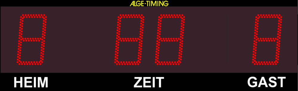 Grafik einer LED-Anzeigetafel mit 2-stelliger Punkteanzeige für Heim/Gast und 2-stelliger Anzeige der Zeit in Minuten mit passendem Print