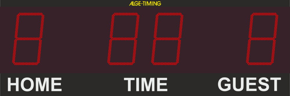 Graphic of an LED display board with 1-digit points display for home/guest and 2-digit display of the time in minutes with matching print