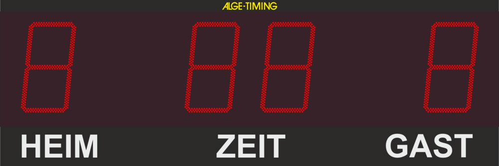 Graphic of an LED display board with 1-digit points display for home/guest and 2-digit display of the time in minutes with matching print