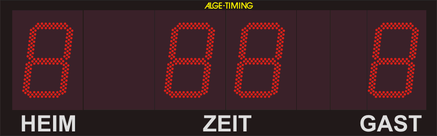 Grafik einer LED-Anzeigetafel mit 1-stelliger Punkteanzeige für Heim/Gast und 2-stelliger Anzeige der Zeit in Minuten mit passendem Print