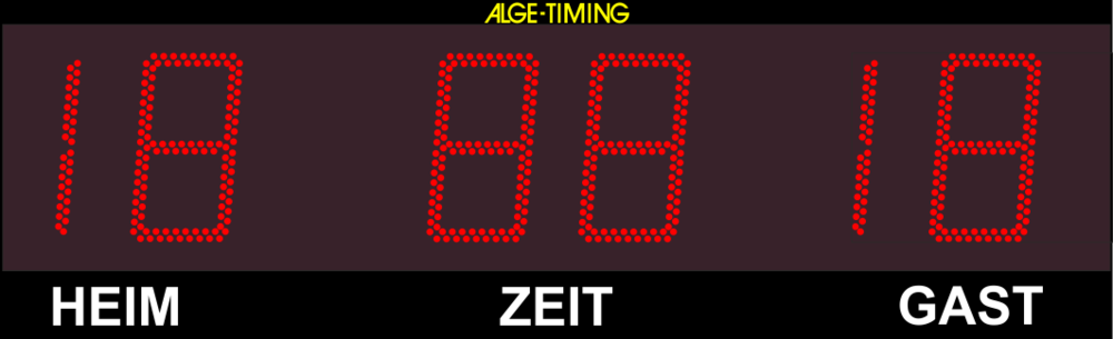 Grafik einer LED-Anzeigetafel mit 2-stelliger Punkteanzeige für Heim/Gast und 2-stelliger Anzeige der Zeit in Minuten mit passendem Print