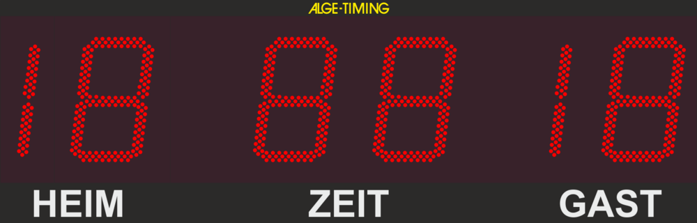 Grafik einer LED-Anzeigetafel mit 2-stelliger Punkteanzeige für Heim/Gast und 2-stelliger Anzeige der Zeit in Minuten mit passendem Print