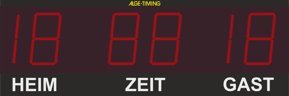 Graphic of an LED display board with 2-digit point display for home/guest and 2-digit display of the time in minutes with matching print