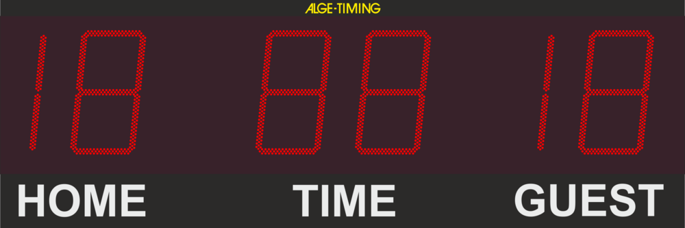 Graphic of an LED display board with 2-digit point display for home/guest and 2-digit display of the time in minutes with matching print