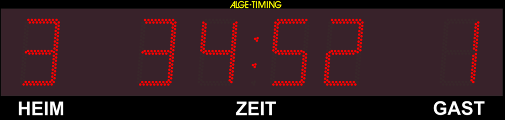 Grafik einer LED-Anzeigetafel mit 2-stelliger Punkteanzeige für Heim/Gast und 4-stelliger Anzeige der Zeit in Minuten und Sekunden mit passendem Print