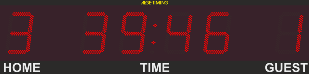 Graphic of an LED display board with 1-digit point display for home/guest and 4-digit display of the time in minutes and seconds with matching print
