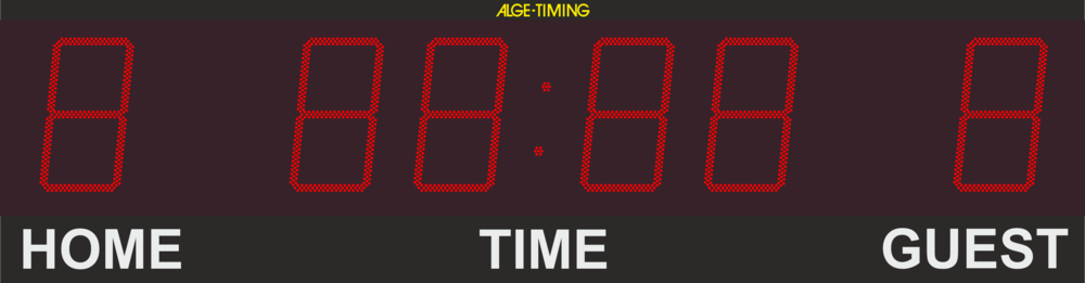 Graphic of an LED display board with 1-digit point display for home/guest and 4-digit display of the time in minutes and seconds with matching print
