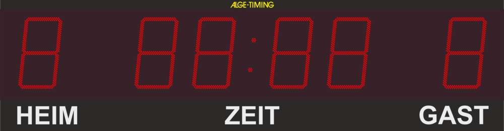Graphic of an LED display board with 1-digit point display for home/guest and 4-digit display of the time in minutes and seconds with matching print