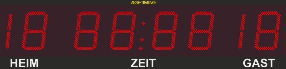 Grafik einer LED-Anzeigetafel mit 2-stelliger Punkteanzeige für Heim/Gast und 4-stelliger Anzeige der Zeit in Minuten und Sekunden mit passendem Print
