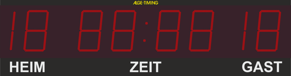 Grafik einer LED-Anzeigetafel mit 2-stelliger Punkteanzeige für Heim/Gast und 4-stelliger Anzeige der Zeit in Minuten und Sekunden mit passendem Print