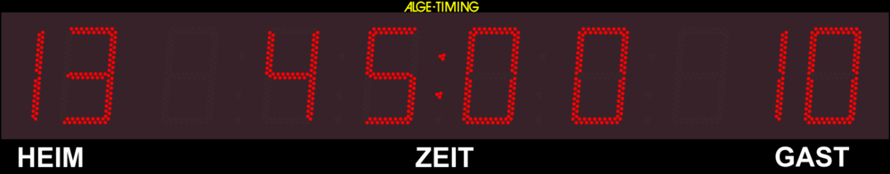 Grafik einer LED-Anzeigetafel mit 2-stelliger Punkteanzeige für Heim/Gast und 4-stelliger Anzeige der Zeit in Minuten und Sekunden mit passendem Print