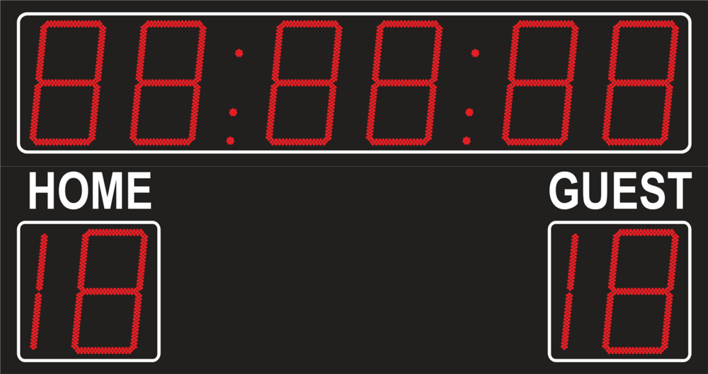 LED scoreboard for soccer with game time with seconds, score and home/guest print