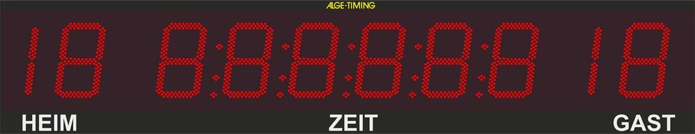 Graphic of an LED scoreboard with 2-digit score display for home/guest and 6-digit display of the playing time in minutes, seconds and 1/100 seconds with matching print