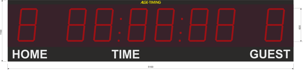 Graphic of an LED scoreboard with 1-digit score display for home/guest and 6-digit display of the playing time in minutes, seconds and 1/100 seconds with matching print