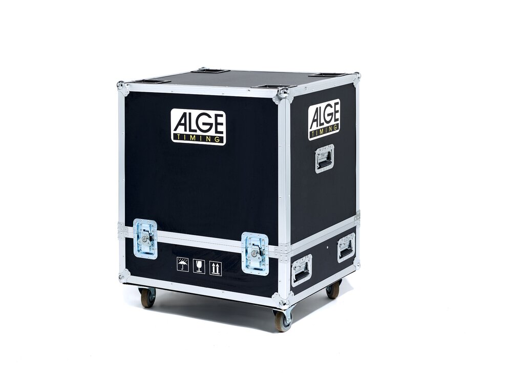 Closed, robust flight case for video modules with wheels and ALGE-TIMING branding