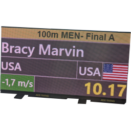 Videowall mit Anzeige des Gewinners eines 100 Meter Laufs