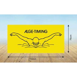 Gelbes Schwimmhandtuch mit Schwimmer-Illustration und ALGE-TIMING Branding